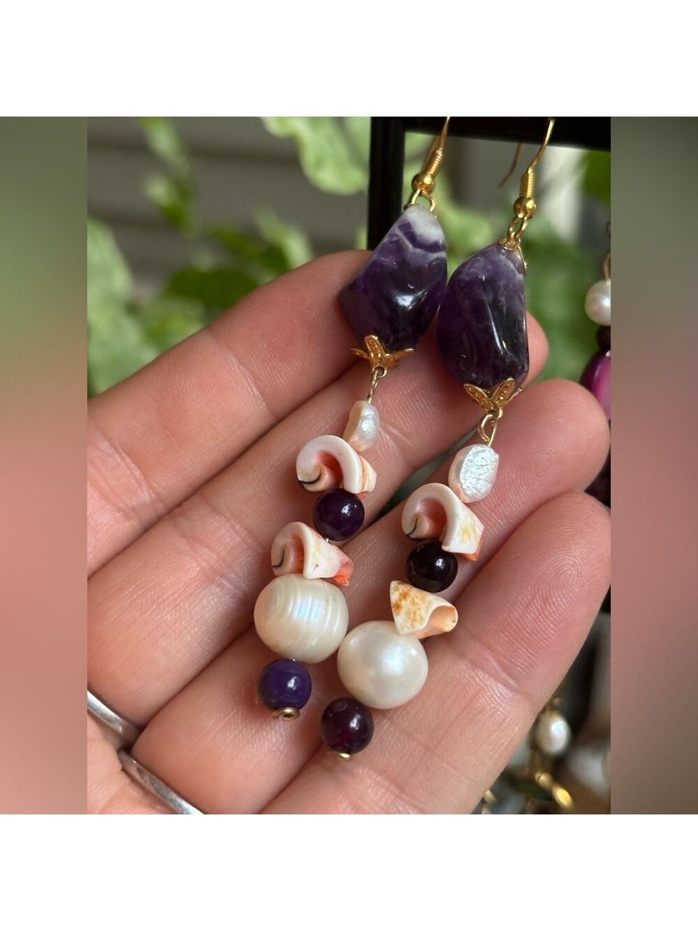 ARTISAN Hand Crafted Genuine Amethyst, Chalcedony & Purple Pearl Shell Earrings